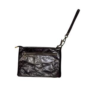 Dark Brown Distressed Crinkle Leather Wristlet Clutch Bag Brass Hardware Zip